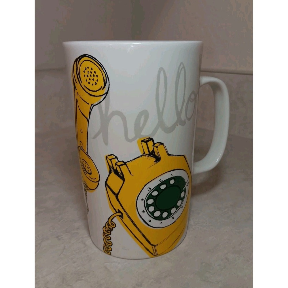 Starbucks Hello! Vintage Rotary Telephone Phone Yellow Tall Coffee Cup Mug 2015